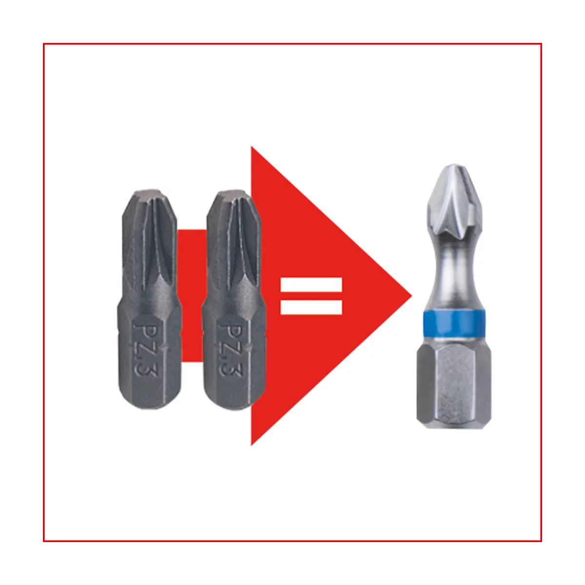 Zwei Schraubbits, eine rote Pfeil-Grafik und eine einzelne Schraubbit. Beide haben PZ3 Gravur.